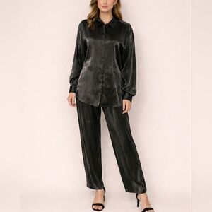 Vtg EFFECI 1990s Metallic Gunmetal Silver Satin Disco Holiday Pantsuit Medium